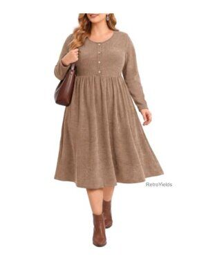 Plus Size Knit Midi Sweater Dress Long Sleeve Henley Pocket